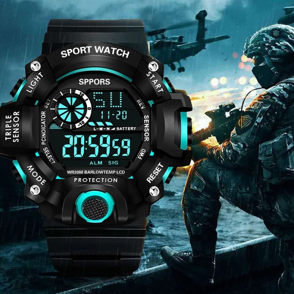 Reloj Digital LED azul deportivo electrónico multifunción militar negro claro contra agua pulsera