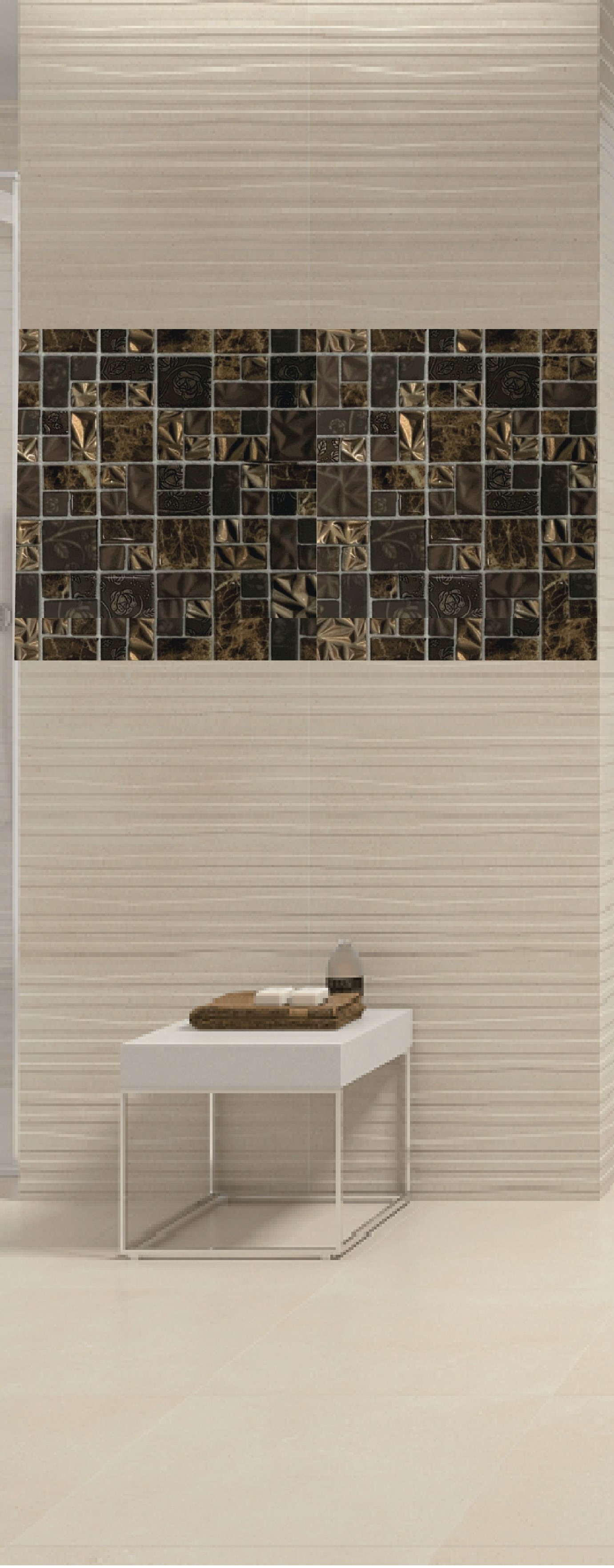 Malla o Mosaico Decorativo de vidrio BUI, medida 30 x 30 cms. (base por altura). Diseño en tonos cafés, con detalles marmoleados y en relieve. Caja de 5 piezas.