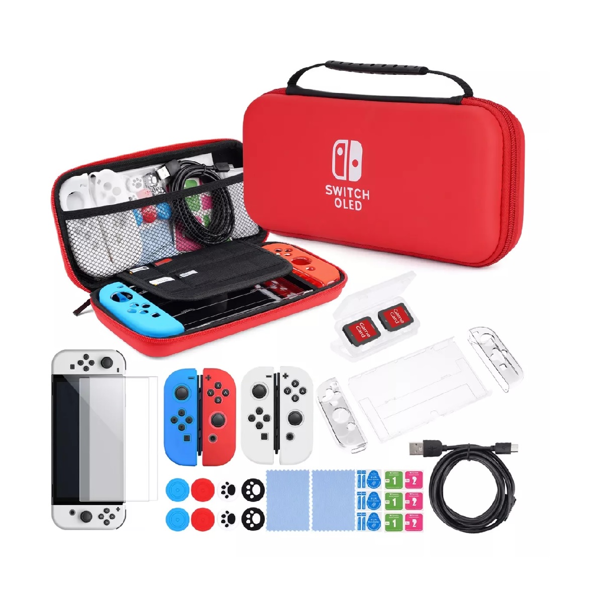 Kit De 30 Accesorios Funda Para Nintendo Switch Oled Estuche Rojo