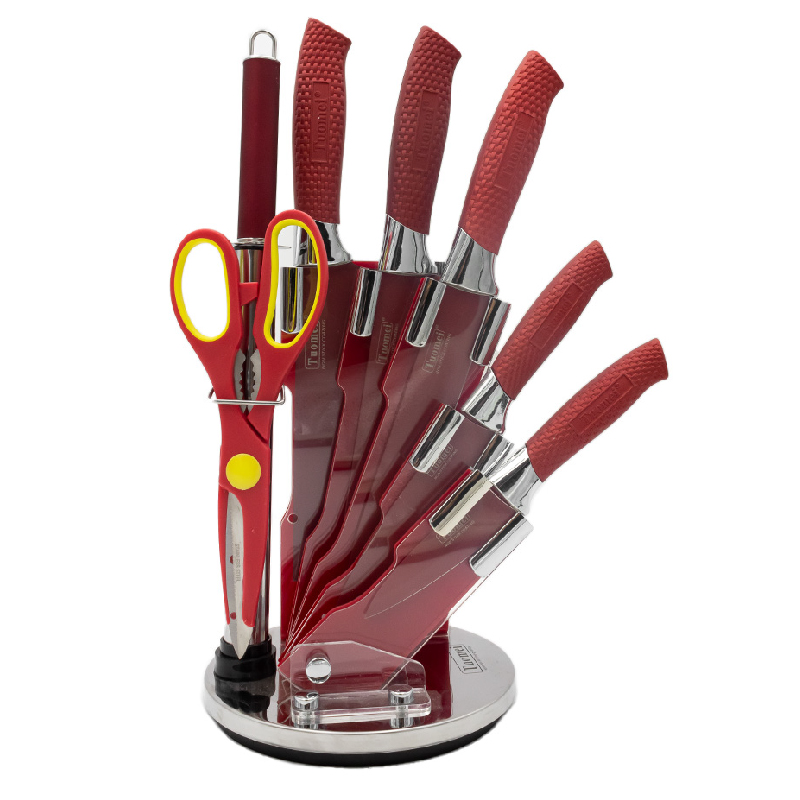  Set De Cuchillos De Acero Inoxidable Con Base Giratoria Rojo 8 Piezas