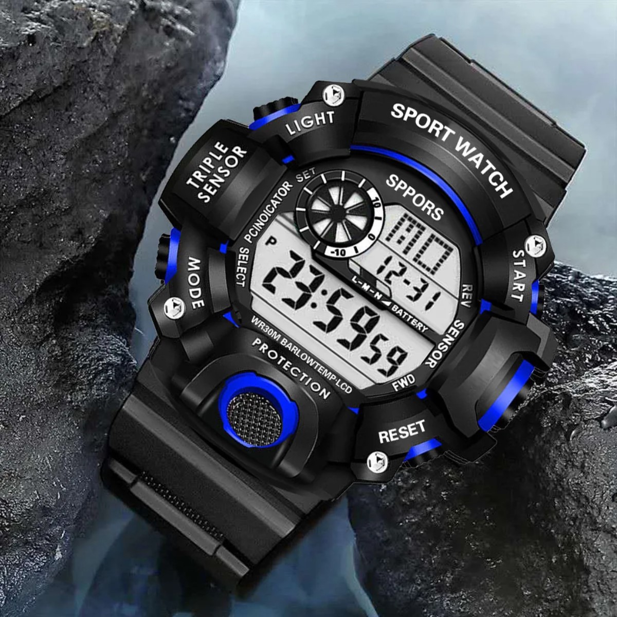 Reloj Digital LED azul negro deportivo multifunción militar luz alarma ...
