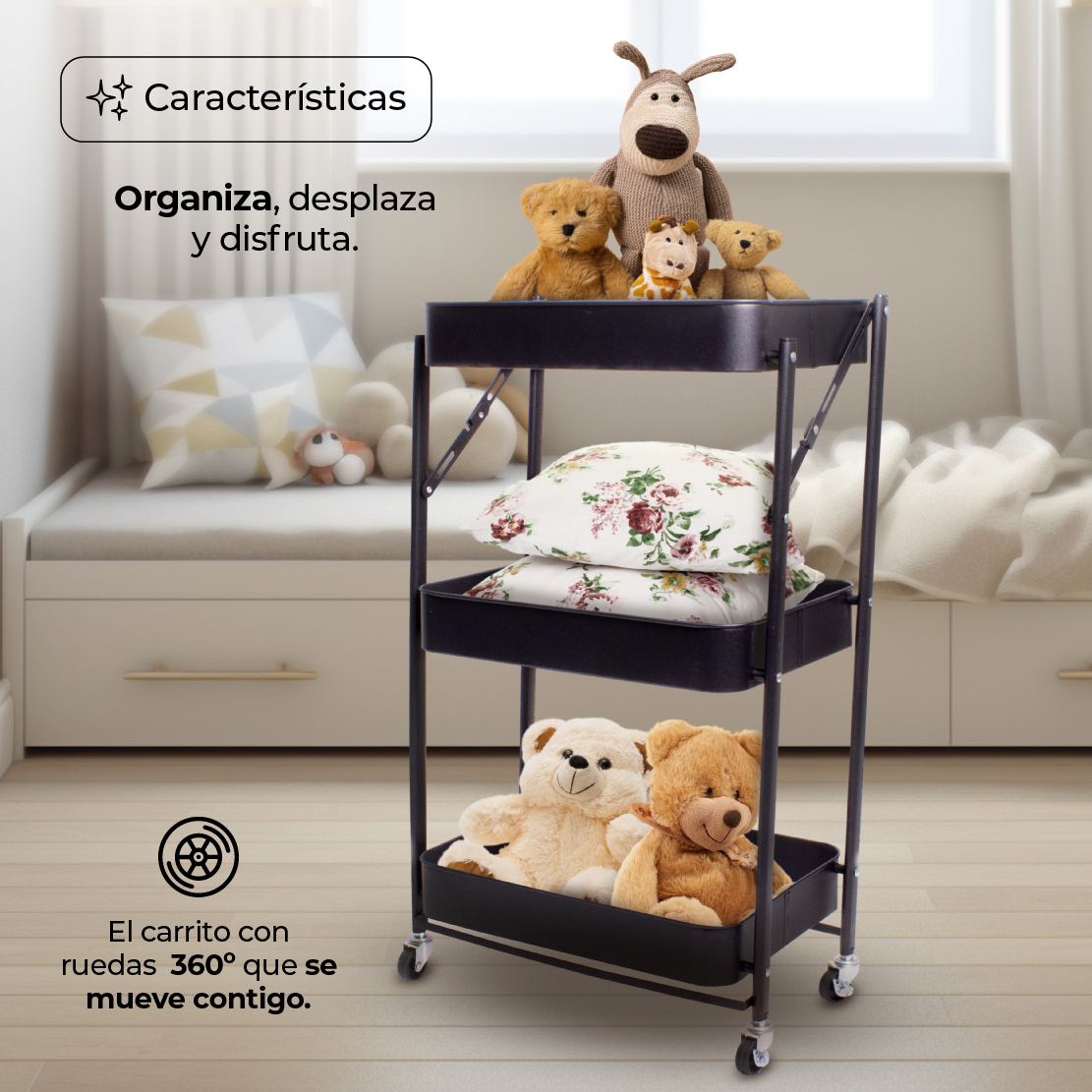 Carrito Organizador Multiusos Movible 3 Niveles Metálico NEGRO.