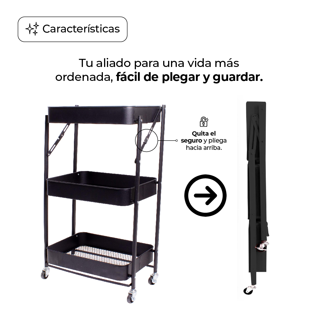 Carrito Organizador Multiusos Movible 3 Niveles Metálico NEGRO.