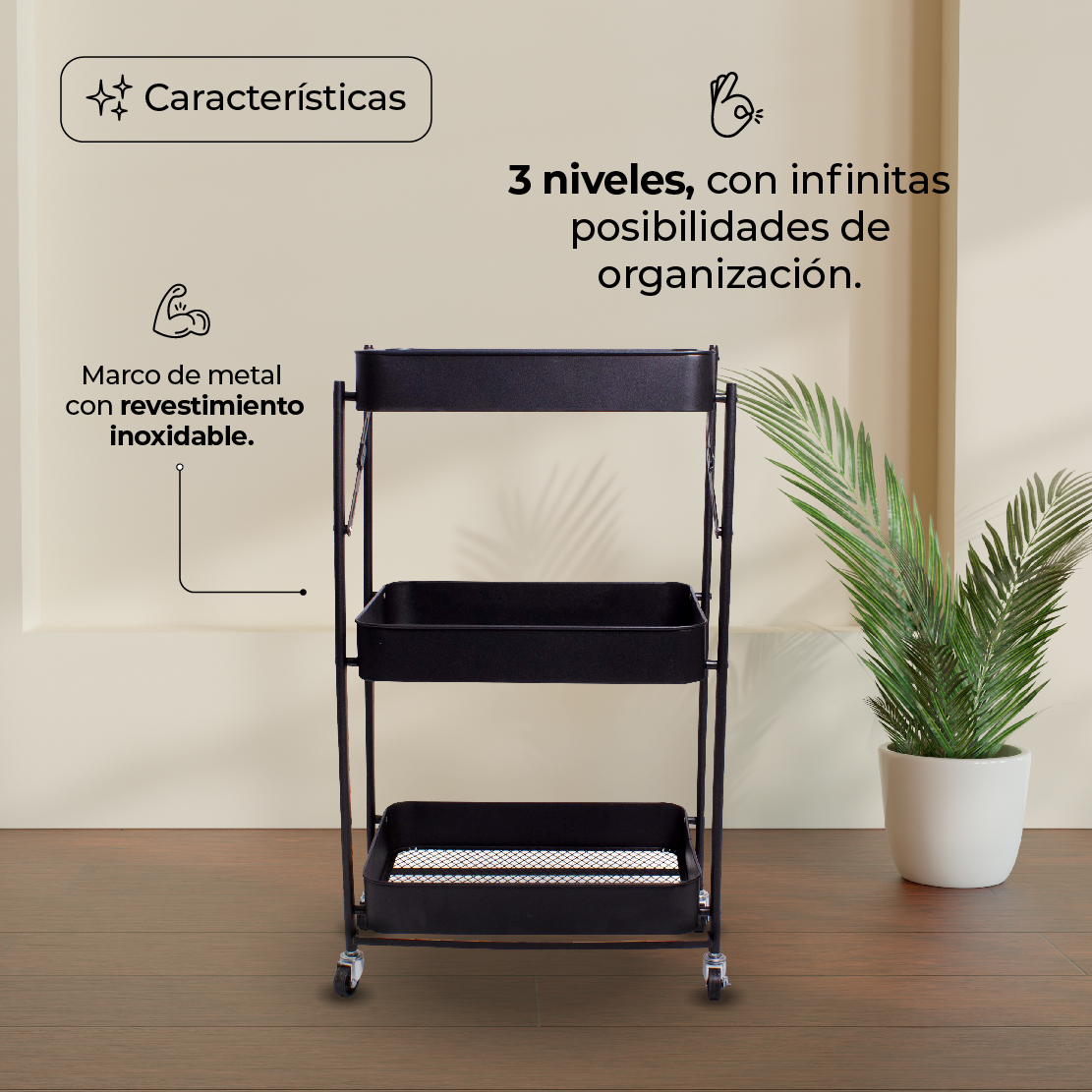 Carrito Organizador Multiusos Movible 3 Niveles Metálico NEGRO.