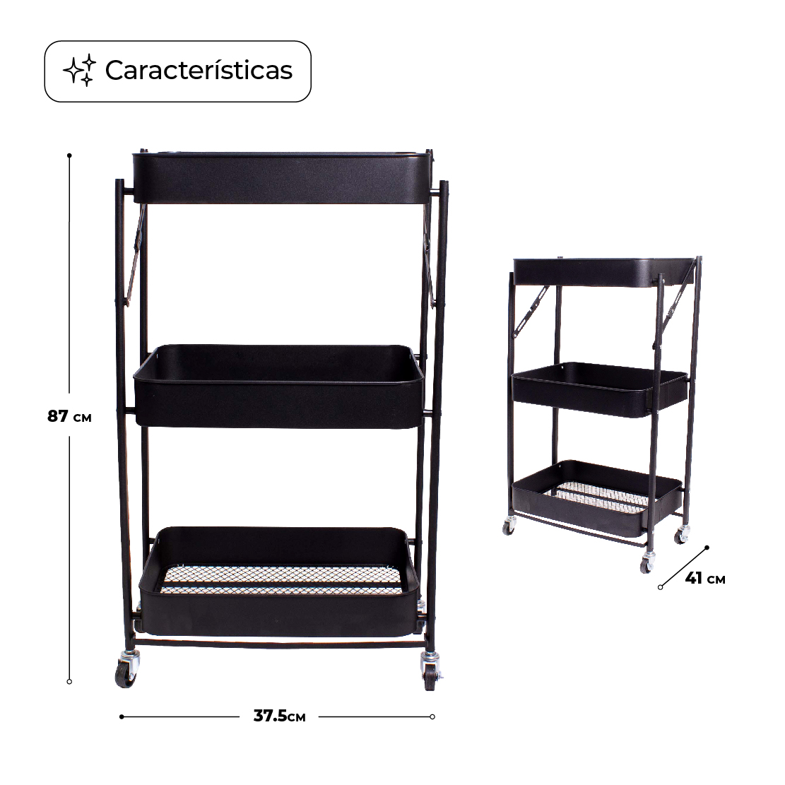 Carrito Organizador Multiusos Movible 3 Niveles Metálico NEGRO.