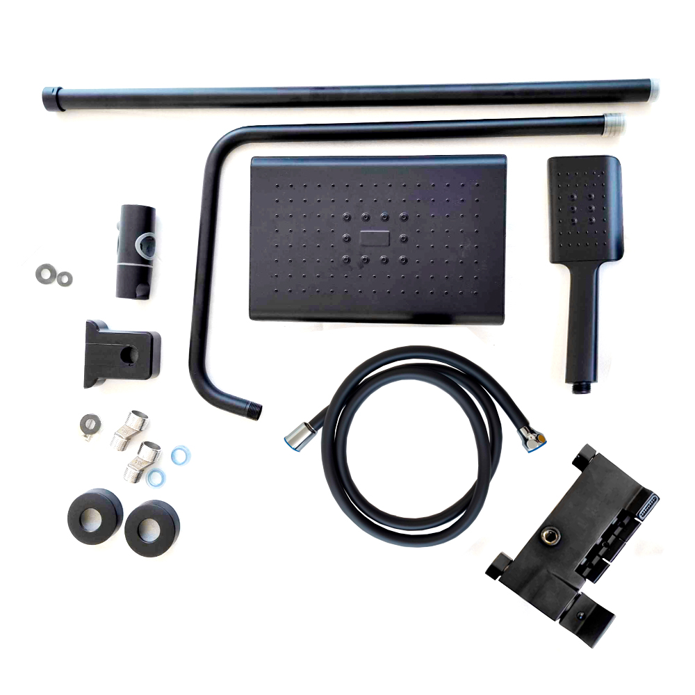 Sistema de ducha 3 funciones con boquilla de bañera, ducha de lluvia y ducha de mano negro mate