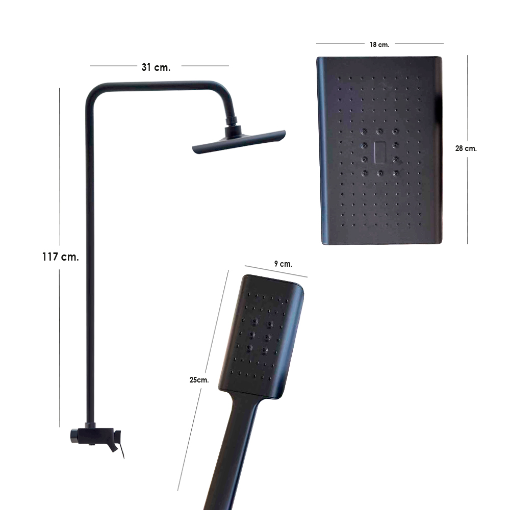 Sistema de ducha 3 funciones con boquilla de bañera, ducha de lluvia y ducha de mano negro mate
