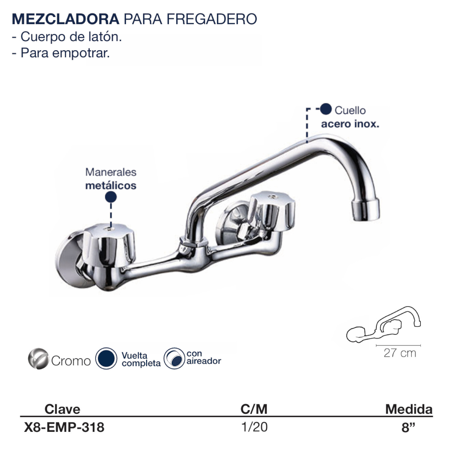 Llave Mezcladora Agua Fregadero O Tarja De Cocina Alfa Cromada Acero Inoxidable de Empotrar
