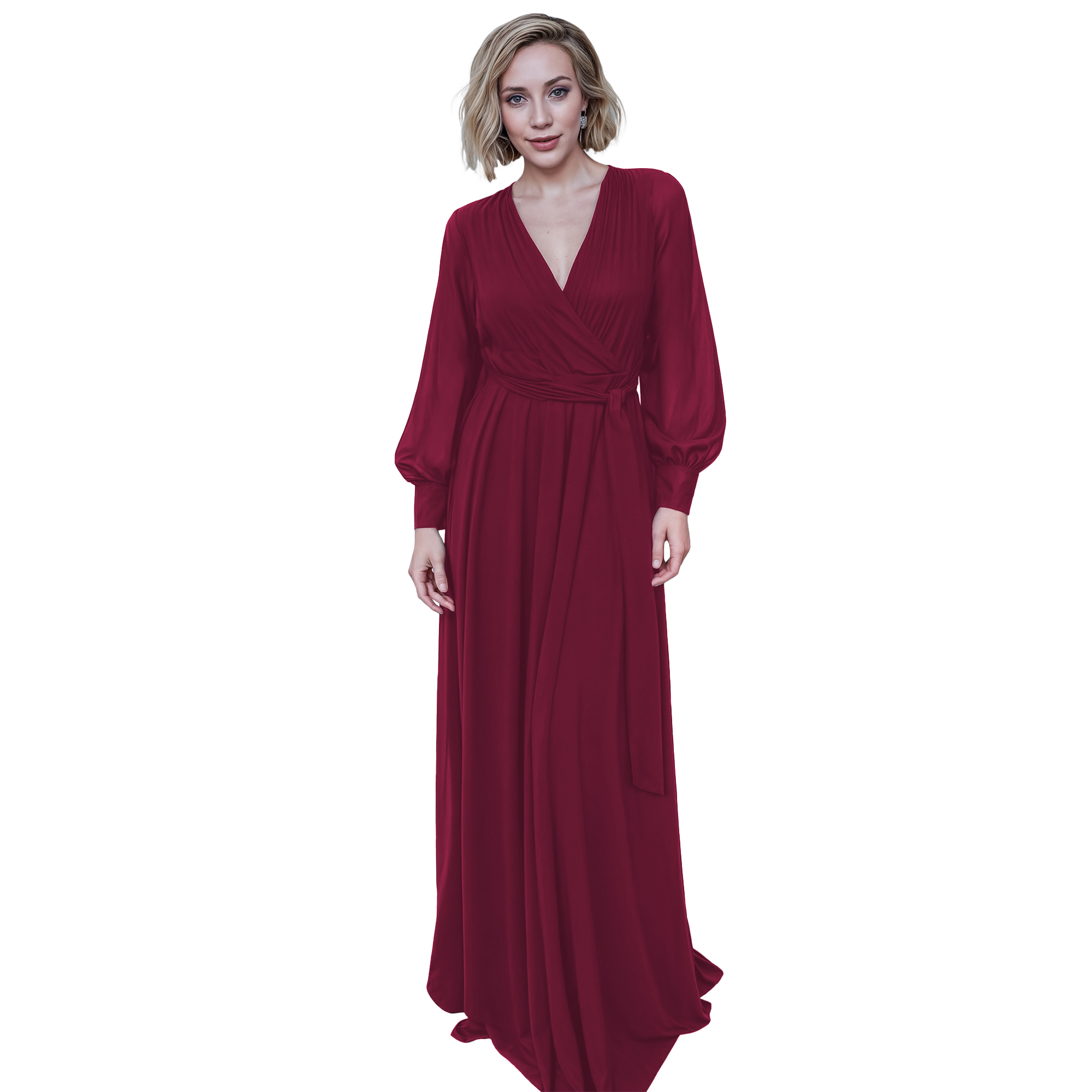 Maxi vestido cruzado elegante de fiesta largo, dama mujer xally 23D escote v manga larga cinturón