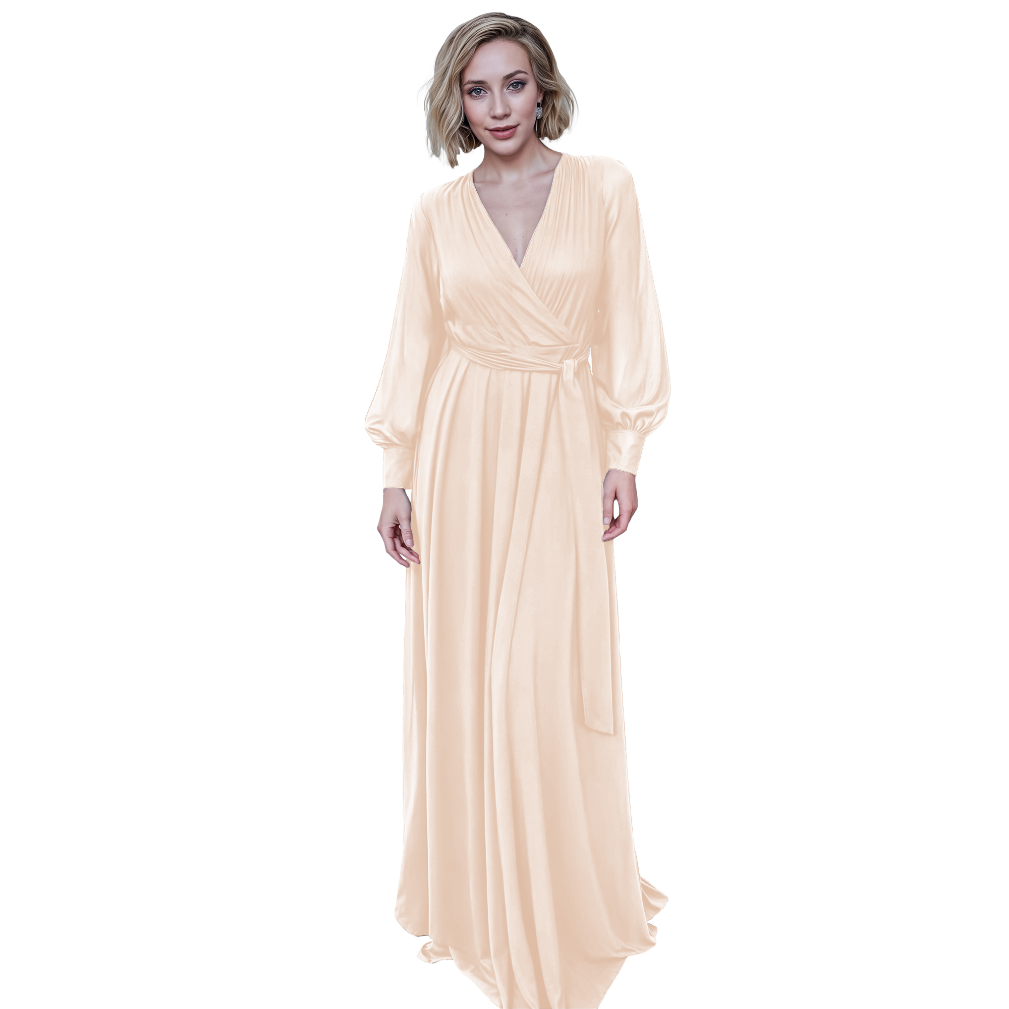 Maxi vestido cruzado elegante de fiesta largo, dama mujer xally 23D escote v manga larga cinturón