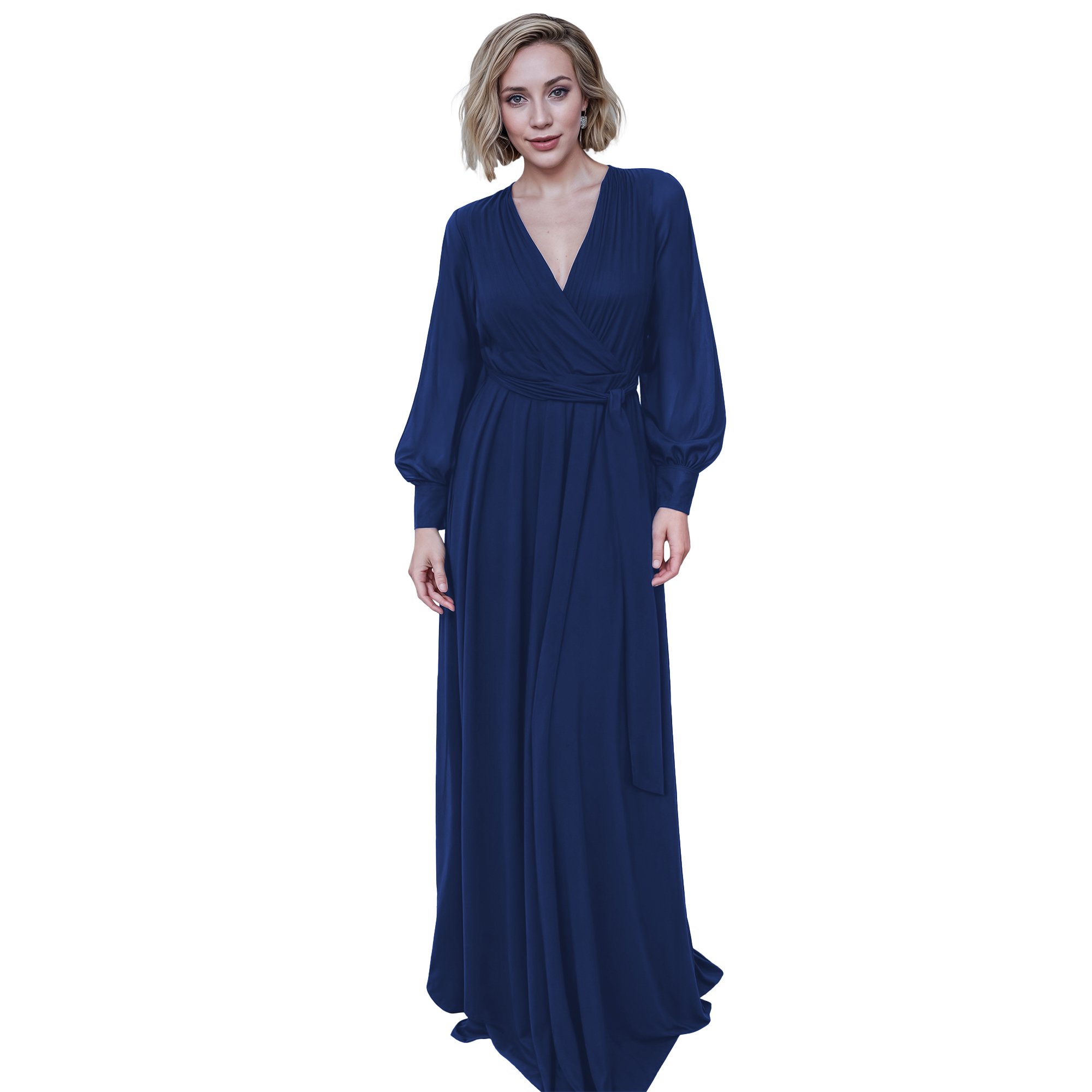 Maxi vestido cruzado elegante de fiesta largo, dama mujer xally 23D escote v manga larga cinturón