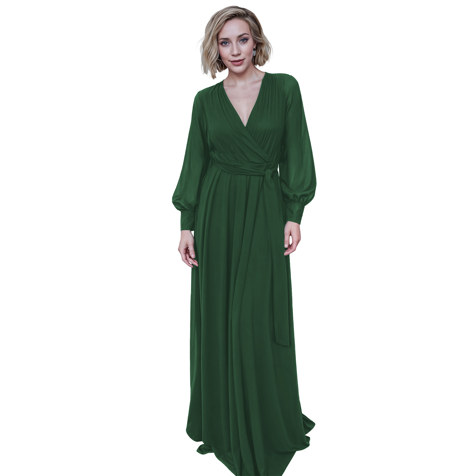 Maxi vestido cruzado elegante de fiesta largo, dama mujer xally 23D escote v manga larga cinturón