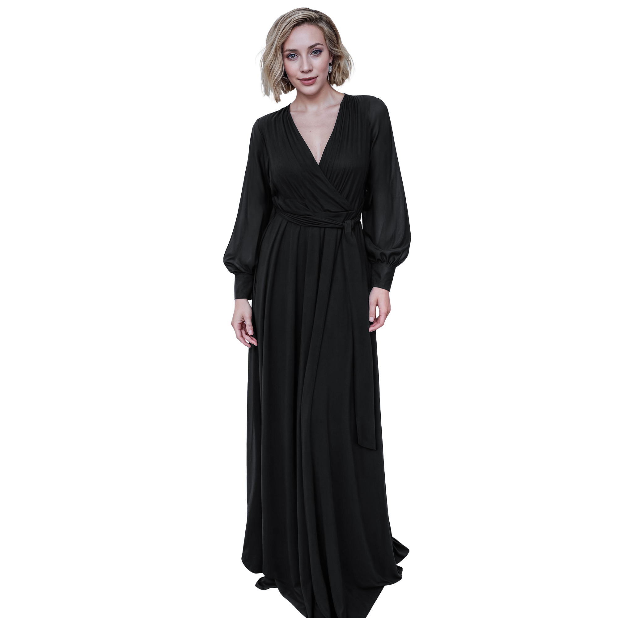 Maxi vestido cruzado elegante de fiesta largo, dama mujer xally 23D escote v manga larga cinturón