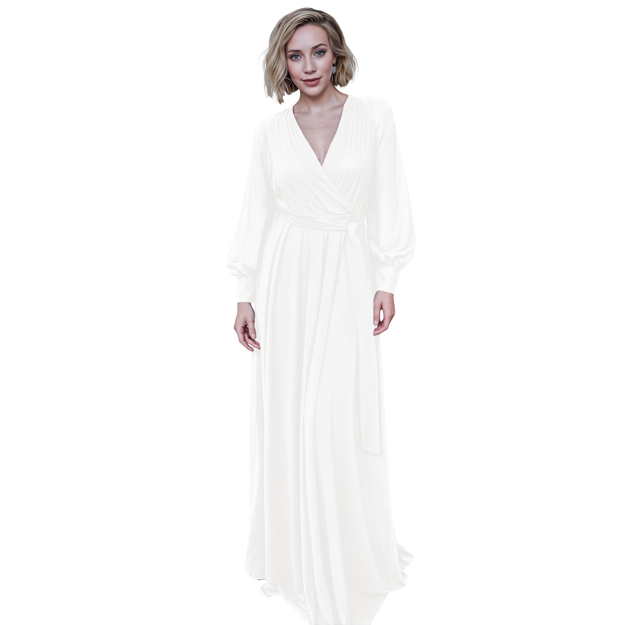 Maxi vestido cruzado elegante de fiesta largo, dama mujer xally 23D escote v manga larga cinturón