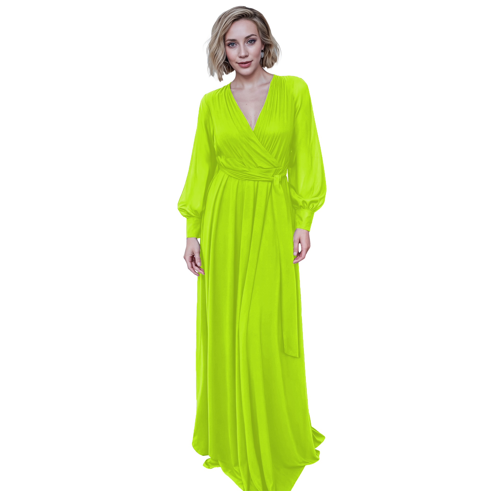 Maxi vestido cruzado elegante de fiesta largo, dama mujer xally 23D escote v manga larga cinturón