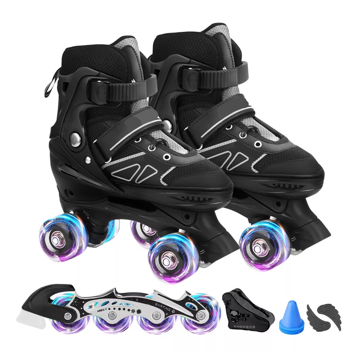 2 En 1 Patines De Línea Ajustables Y 4 Ruedas Niño Con Luces Negro L