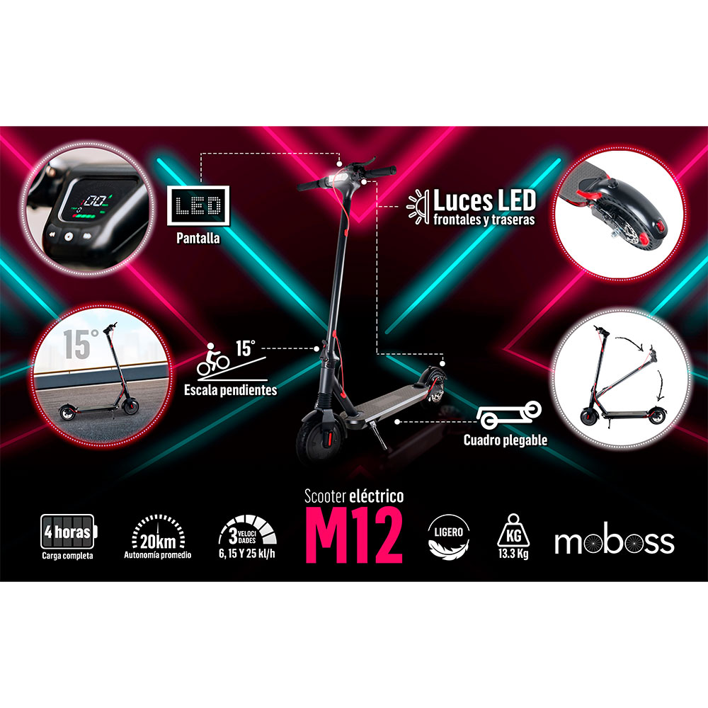 Scooter Eléctrico Plegable Moboss Patín M12 250W Aluminio.