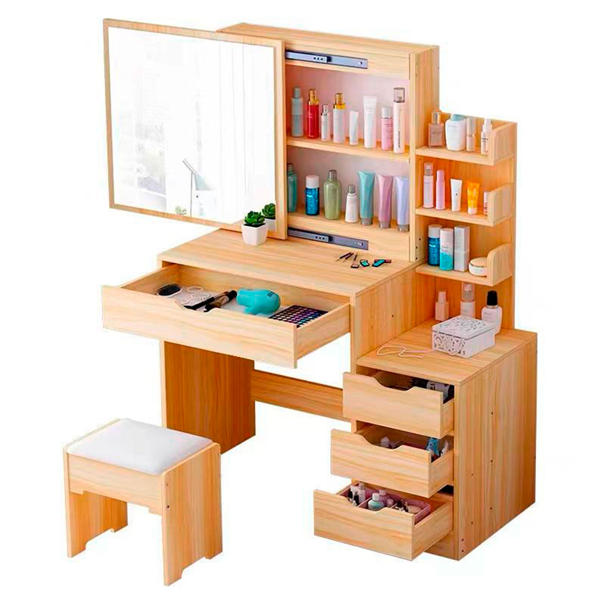 Tocador de Dormitorio con Banco de 3 Cajones con Almacenamiento y Espejo Moderno Bona.