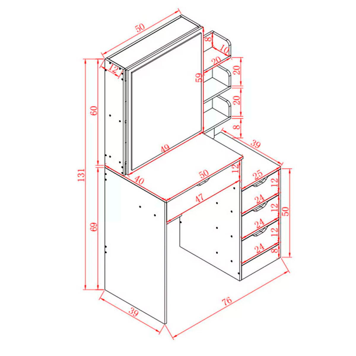 Tocador de Dormitorio con Banco de 3 Cajones con Almacenamiento y Espejo Moderno Bona.
