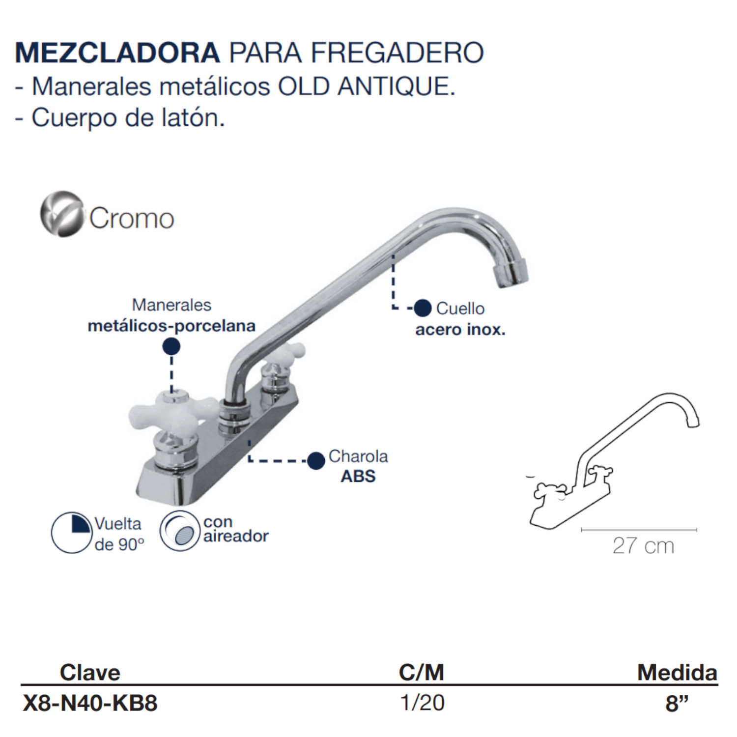 Llave Mezcladora Agua Fregadero O Tarja De Cocina Alfa Cromado Manerales Blanco Porcelana