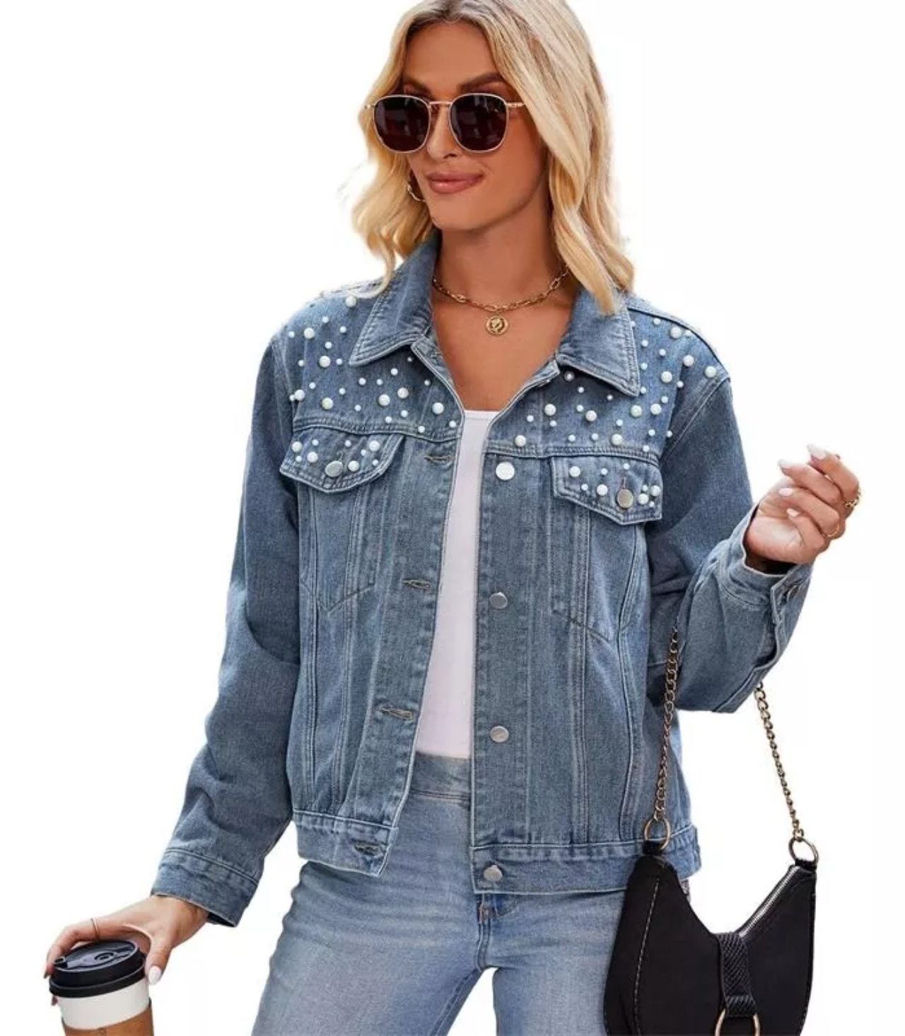 Outfit Pantalon De Mezclilla Con Perlas Abrigo De Chaqueta De