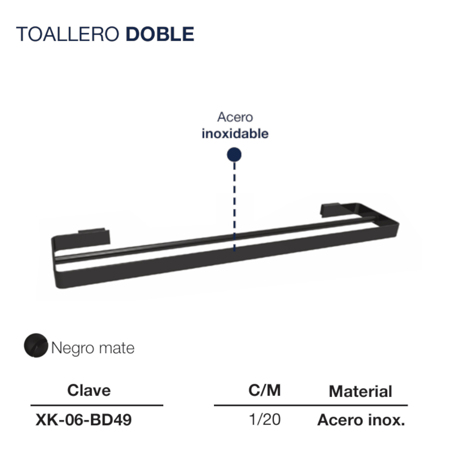 Toallero Doble De Barra Baño Negro Mate Cuadrado Rubinett