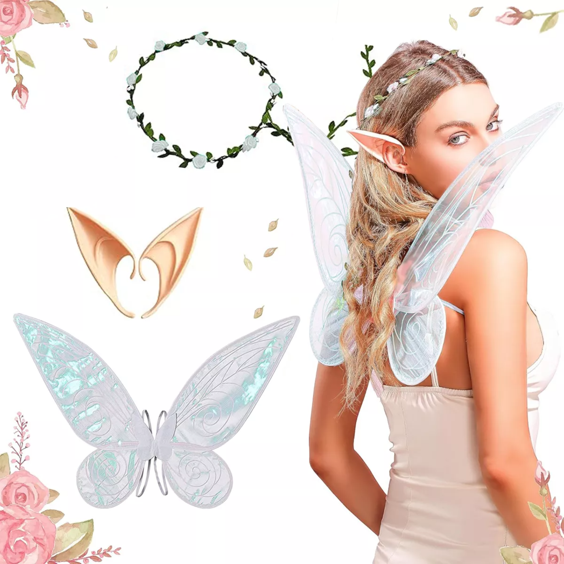 Disfraz De Hada Completo Para Mujer – Alas De Mariposa, Varita, Orejas Elfo, Corona Y Brazalete Floral – Ideal Para Halloween Y Cosplay
