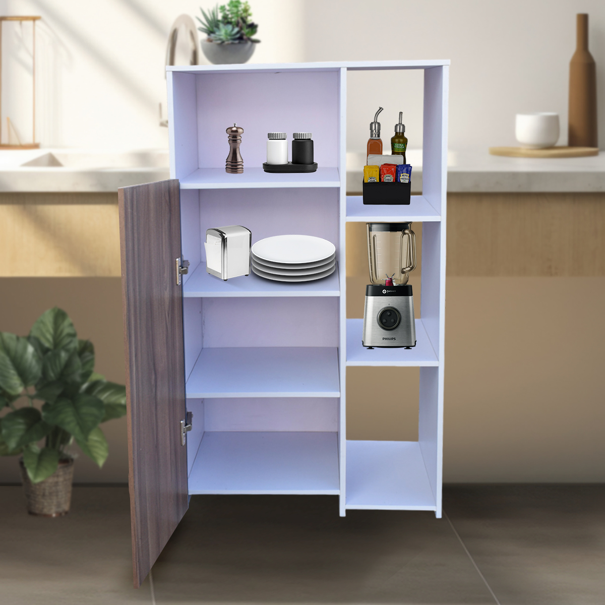 Hogare Mueble Alacena Despensero Organizador Practico Multiusos de melamina de alta resistencia con puerta y estantes Color Blanco Parota