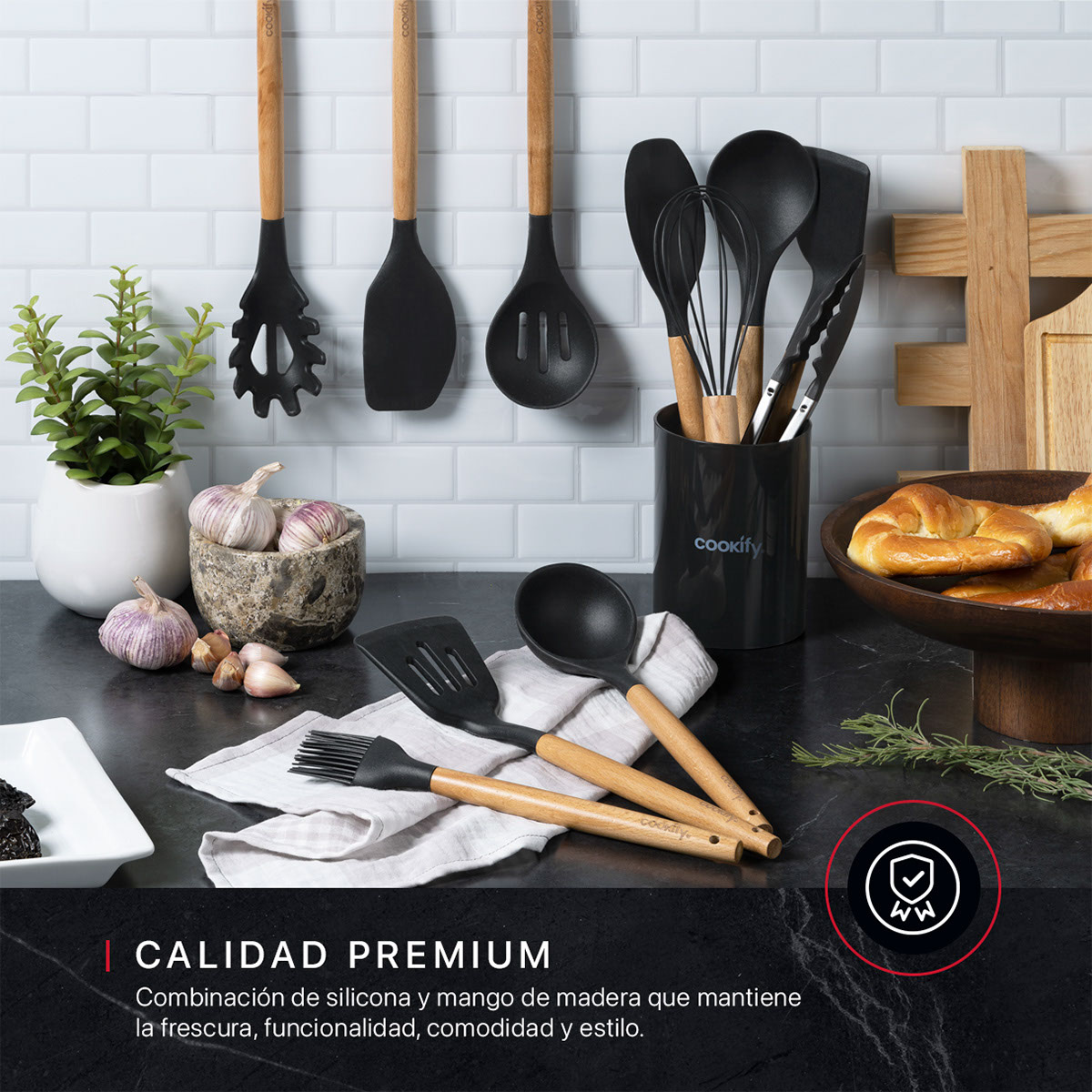 Utensilios de Cocina Set 12 Piezas de Madera y Silicona Juego de Accesorios para Cocinar con Cuchara Espátula Brocha y más (Negro) Cookify