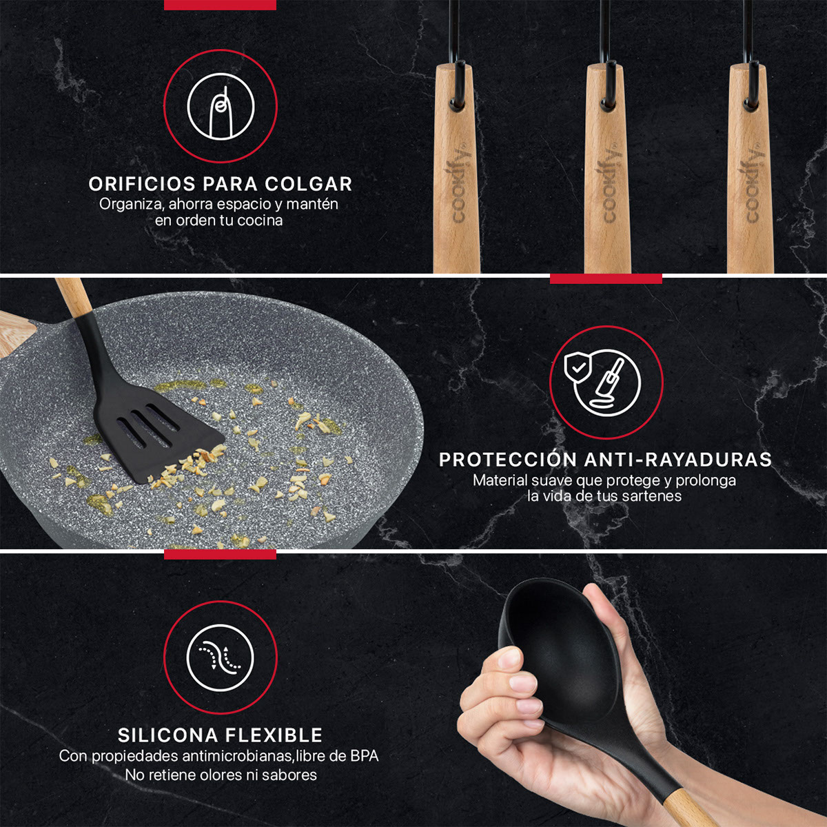 Utensilios de Cocina Set 12 Piezas de Madera y Silicona Juego de Accesorios para Cocinar con Cuchara Espátula Brocha y más (Negro) Cookify