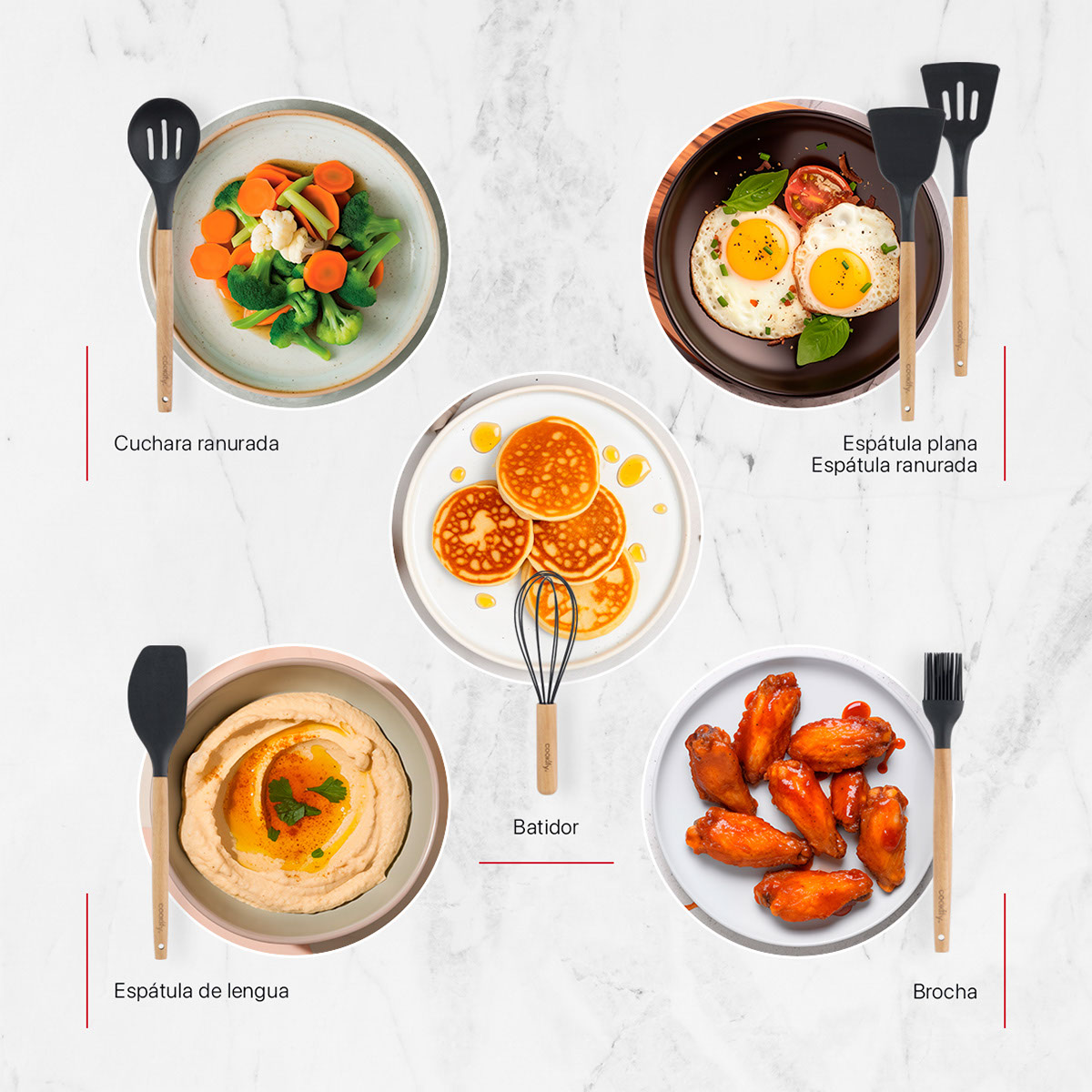 Utensilios de Cocina Set 12 Piezas de Madera y Silicona Juego de Accesorios para Cocinar con Cuchara Espátula Brocha y más (Negro) Cookify