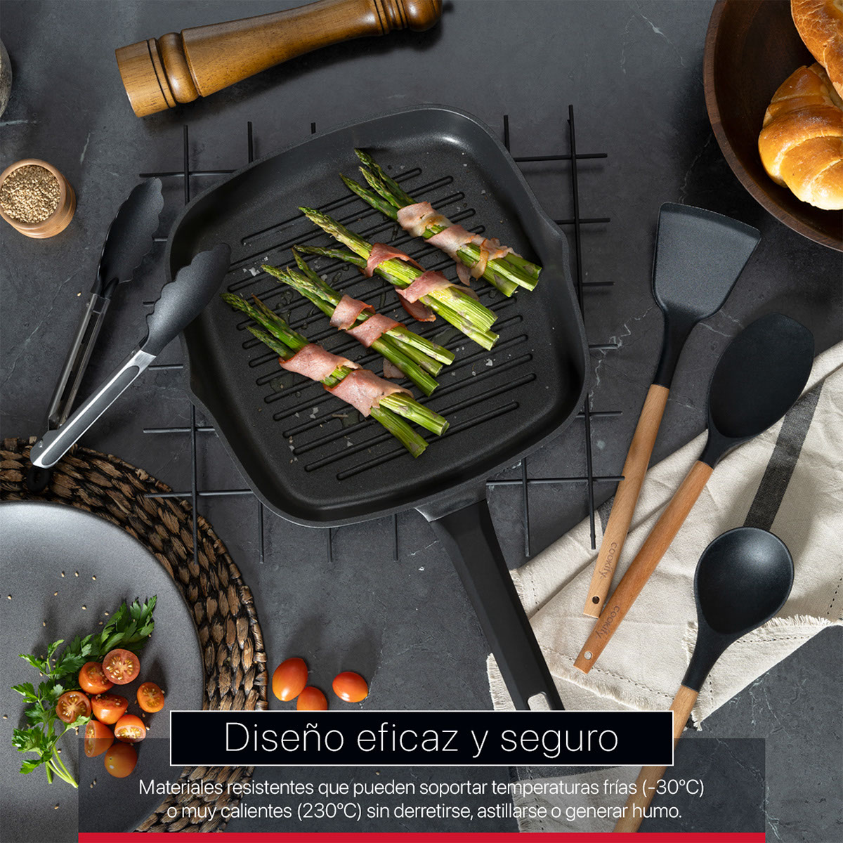 Utensilios de Cocina Set 12 Piezas de Madera y Silicona Juego de Accesorios para Cocinar con Cuchara Espátula Brocha y más (Negro) Cookify