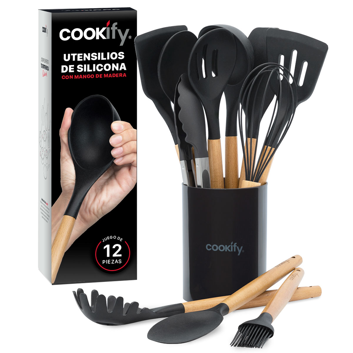 Utensilios de Cocina Set 12 Piezas de Madera y Silicona Juego de Accesorios para Cocinar con Cuchara Espátula Brocha y más (Negro) Cookify