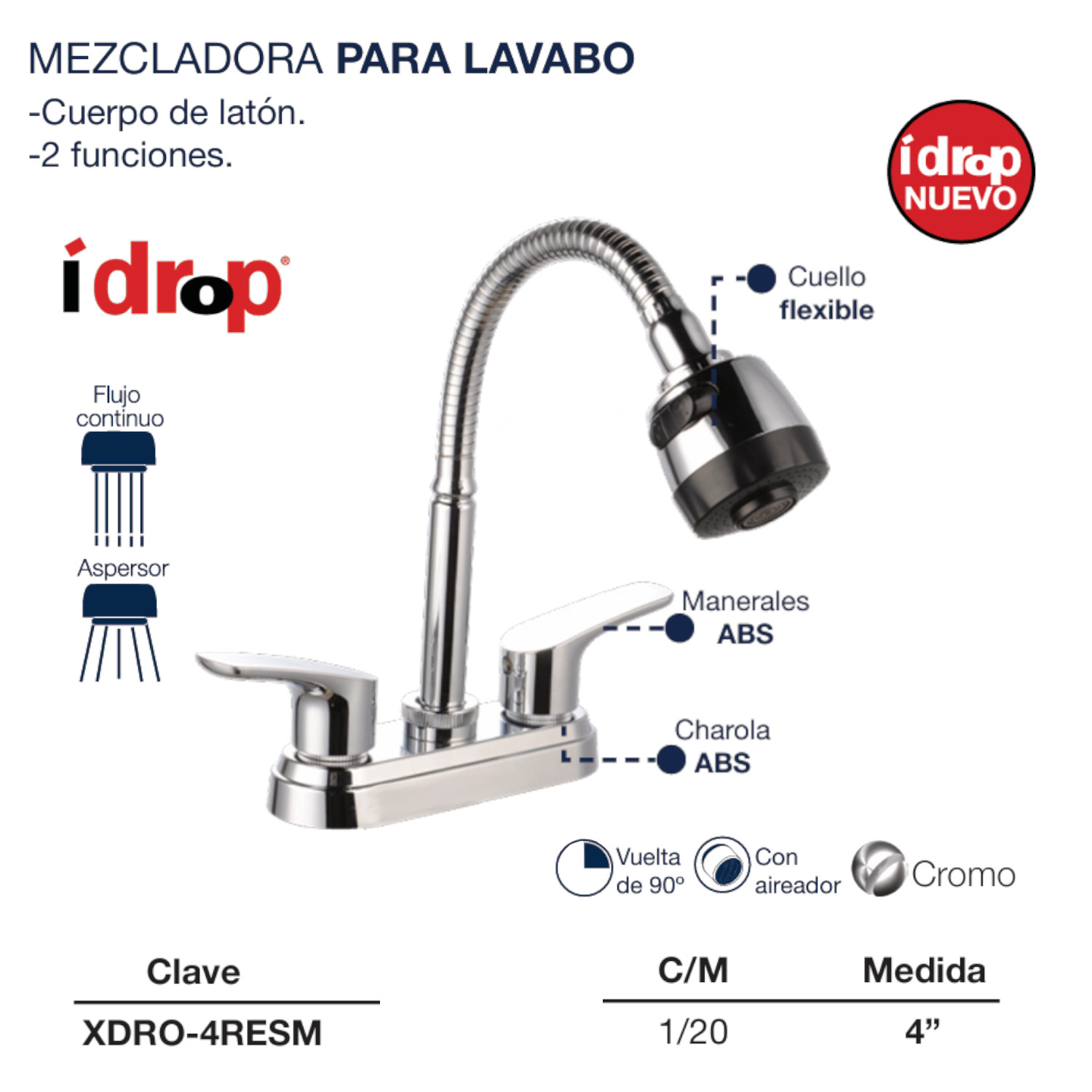 Llave Mezcladora Lavabo Cuerpo Metálico Manerales Pato ABS