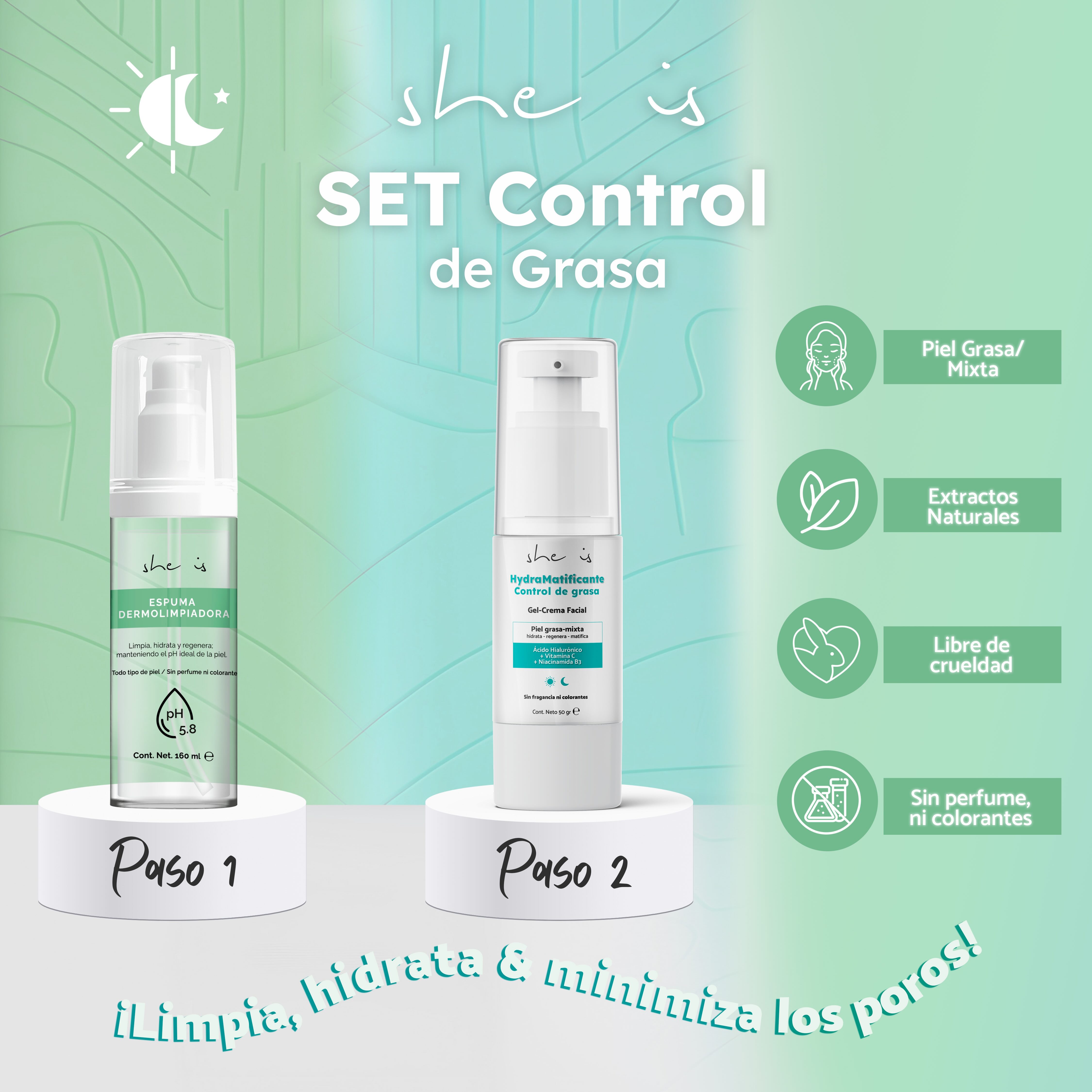 Set Facial Control de Grasa (Limpiador facial + Crema Matificante) She is skincare