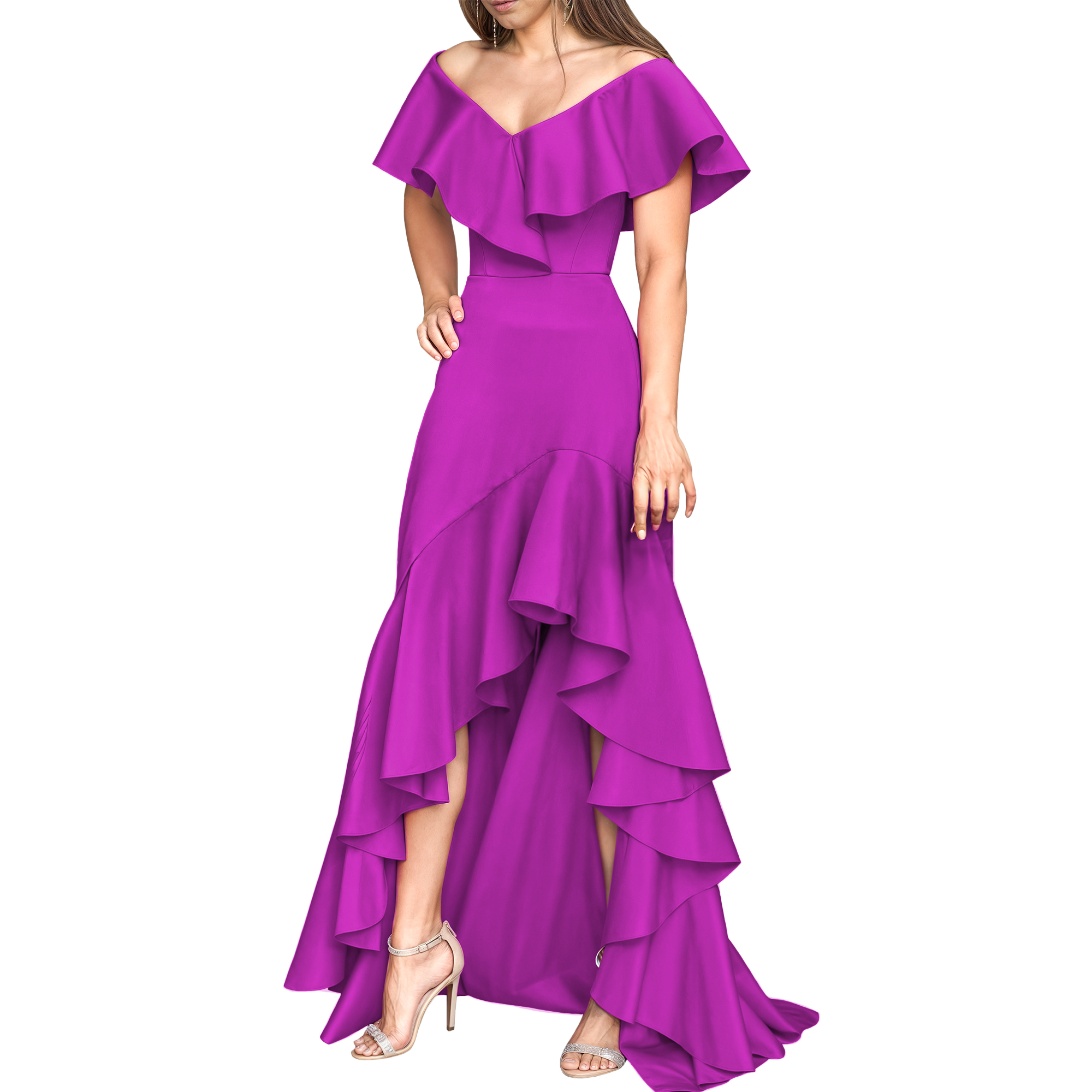 Vestido strapless elegante fiesta noche medio, dama mujer xally 25D hombros caídos escote V olanes