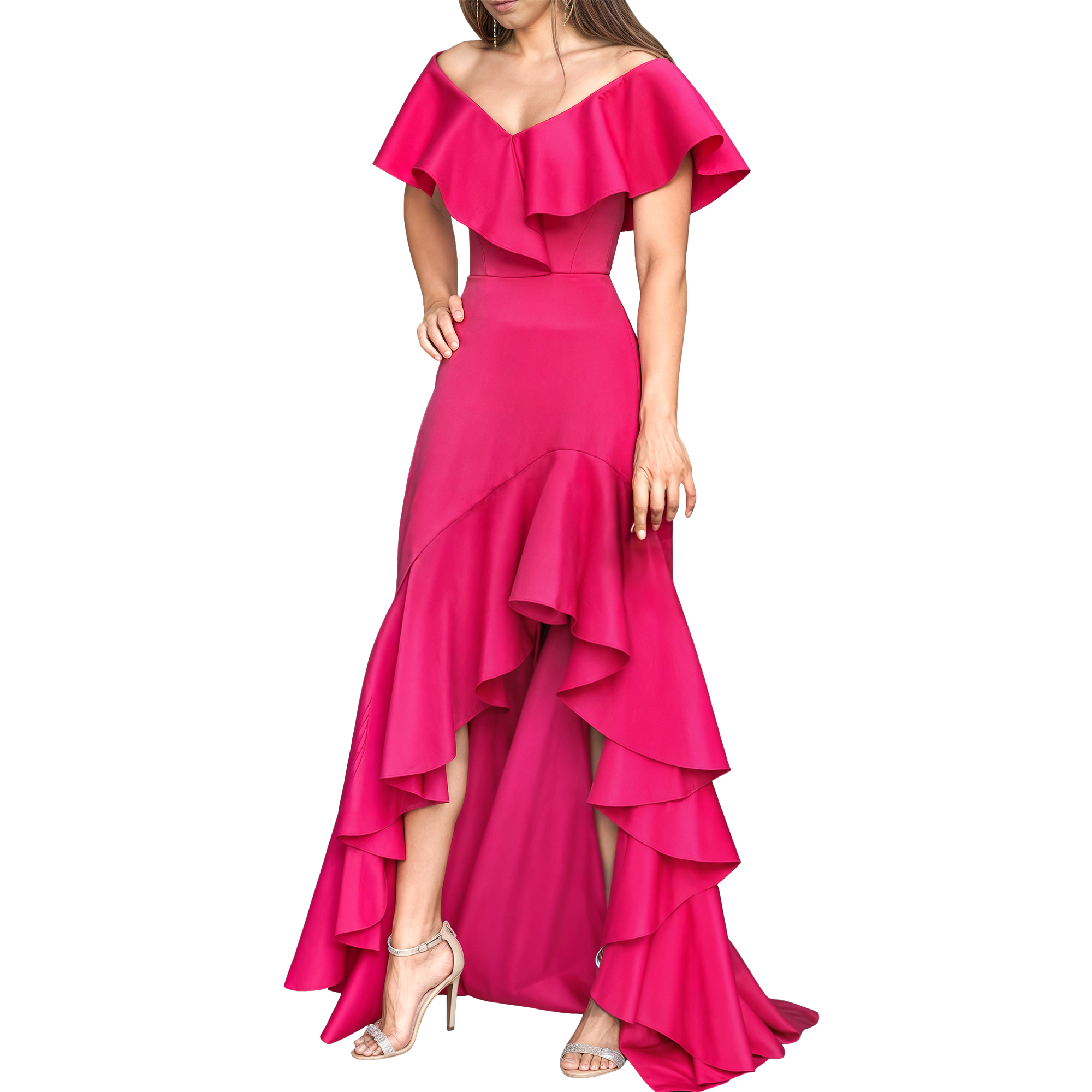 Vestido strapless elegante fiesta noche medio, dama mujer xally 25D hombros caídos escote V olanes