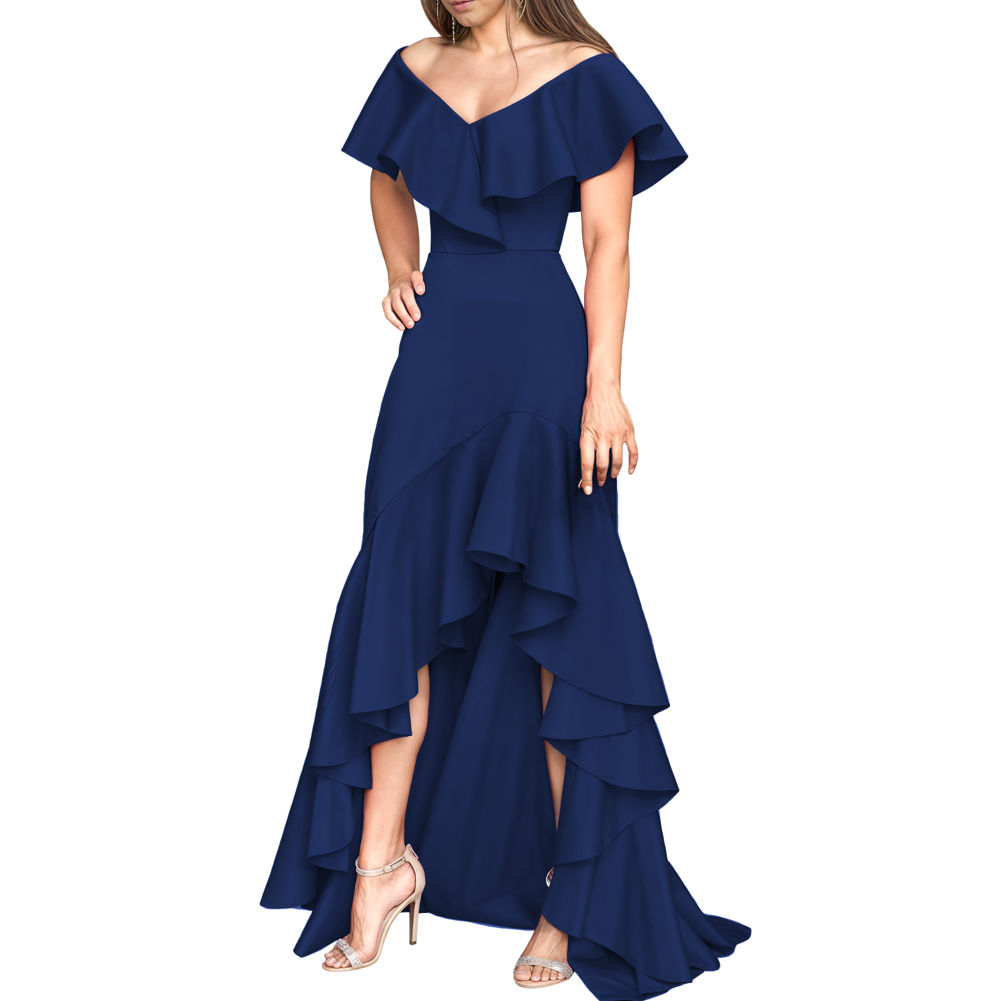 Vestido strapless elegante fiesta noche medio, dama mujer xally 25D hombros caídos escote V olanes