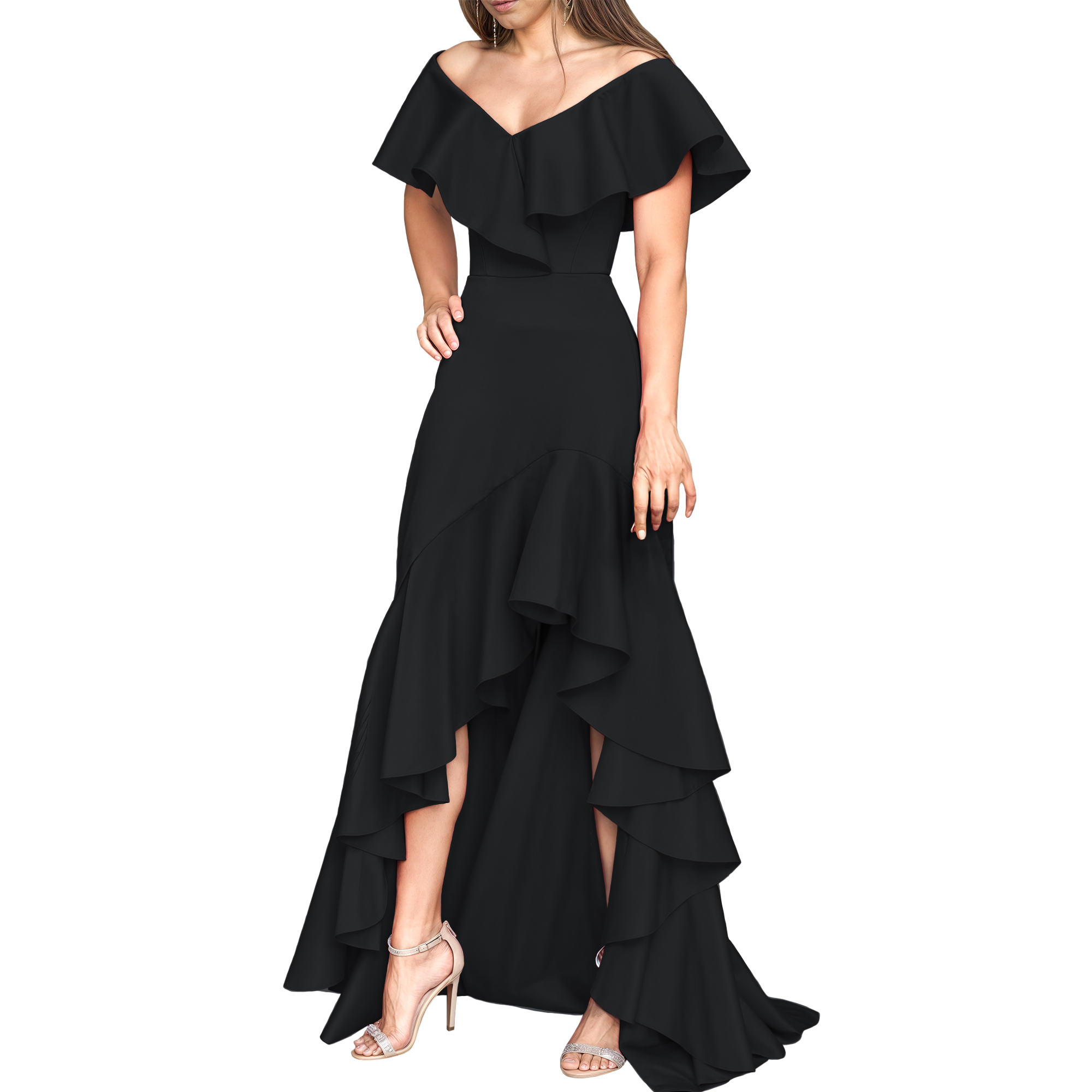 Vestido strapless elegante fiesta noche medio, dama mujer xally 25D hombros caídos escote V olanes