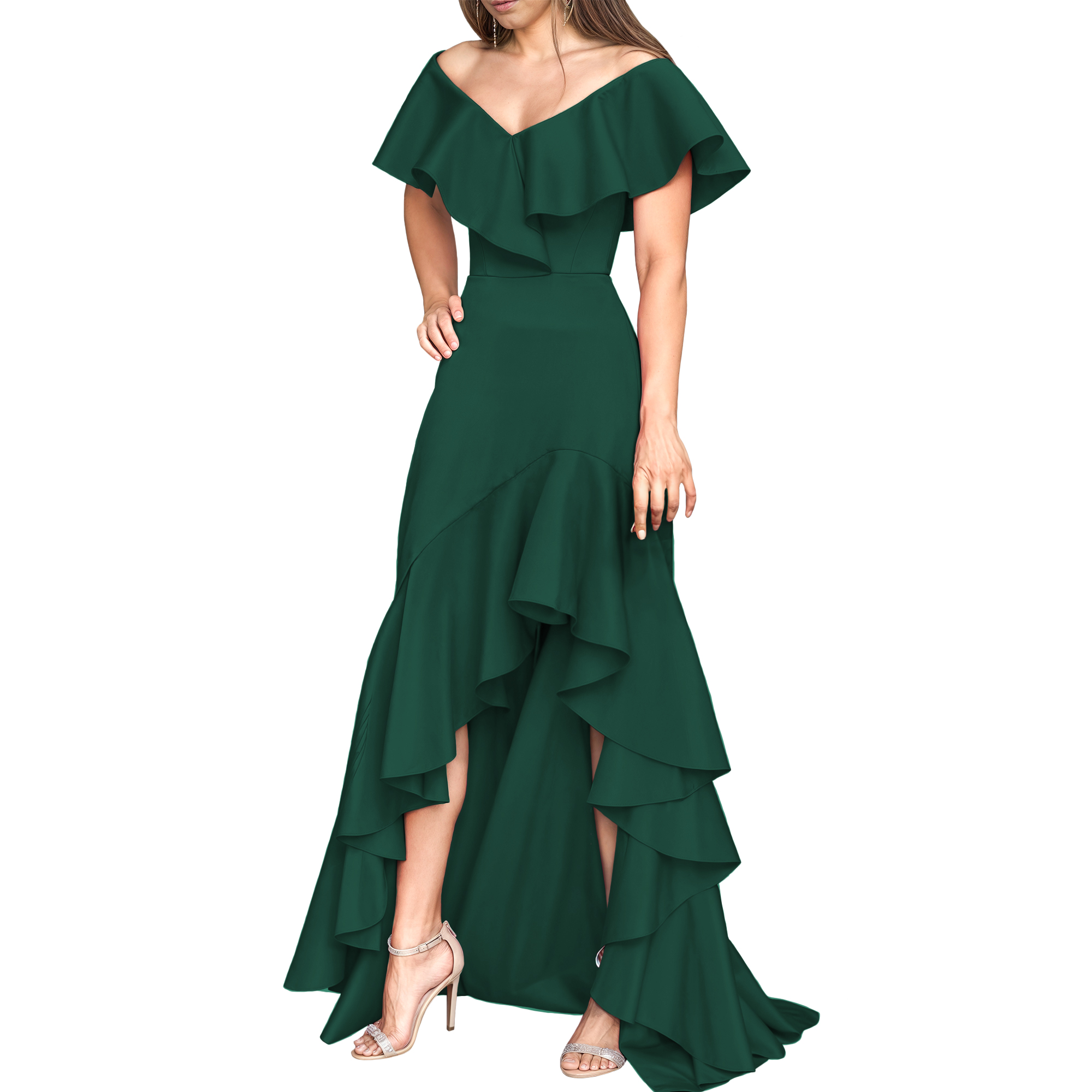 Vestido strapless elegante fiesta noche medio, dama mujer xally 25D hombros caídos escote V olanes