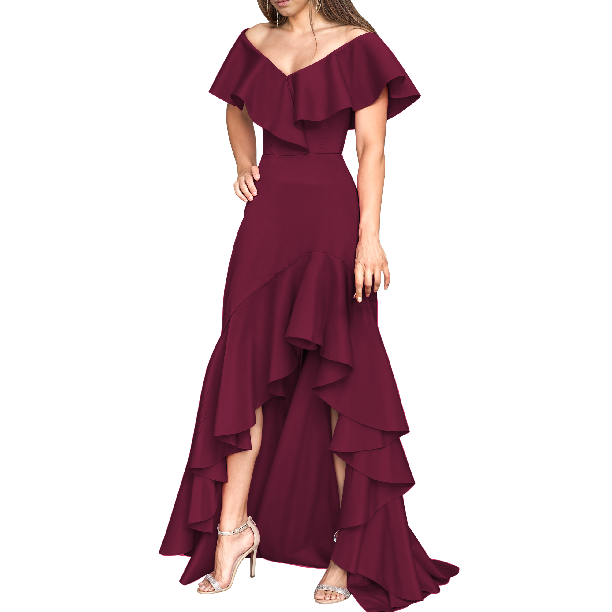 Vestido strapless elegante fiesta noche medio, dama mujer xally 25D hombros caídos escote V olanes