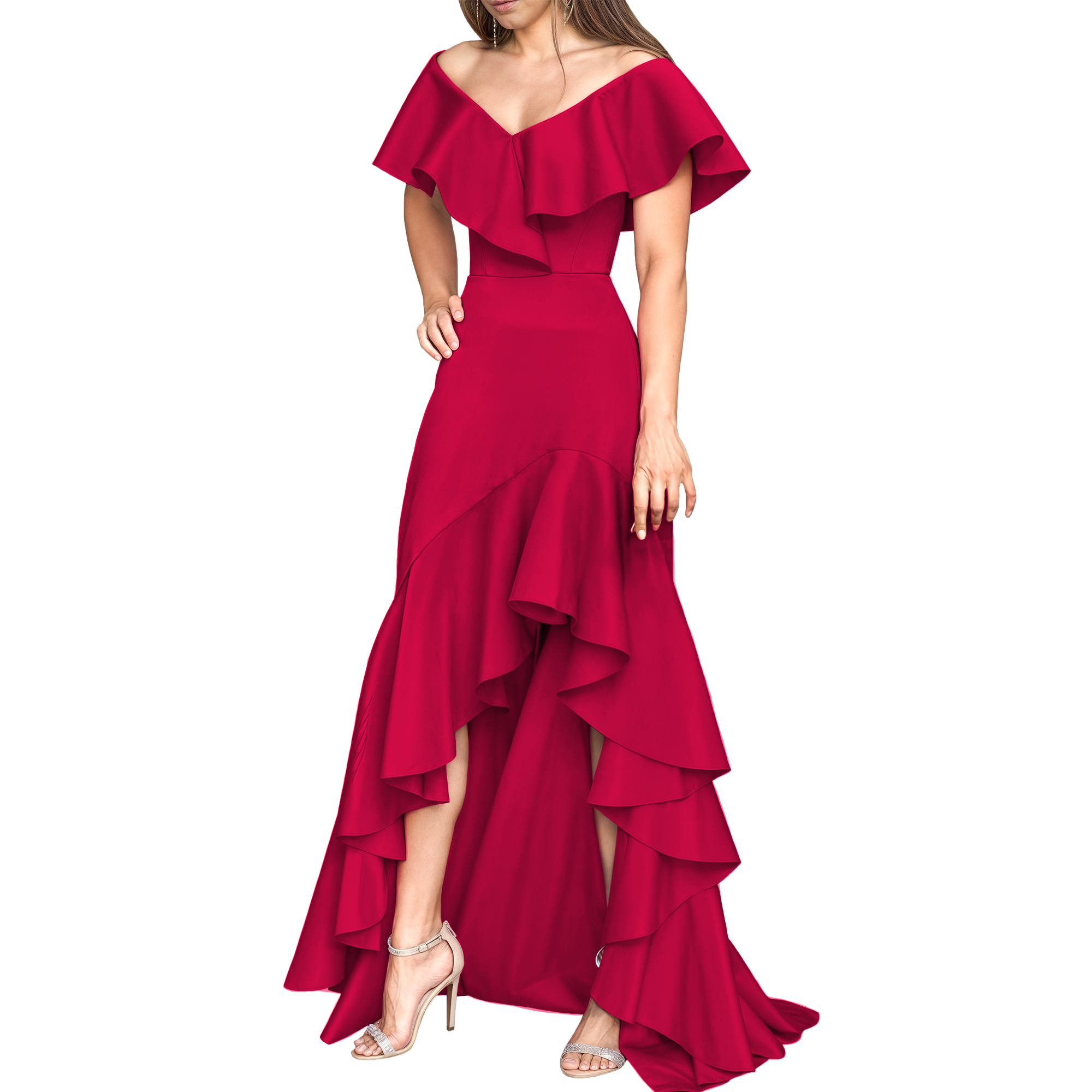 Vestido strapless elegante fiesta noche medio, dama mujer xally 25D hombros caídos escote V olanes