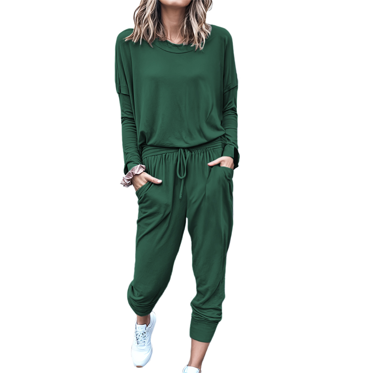 Conjunto de moda casual juvenil dama mujer xally 88 pants bolsas blusa amplia manga larga cuello redondo.