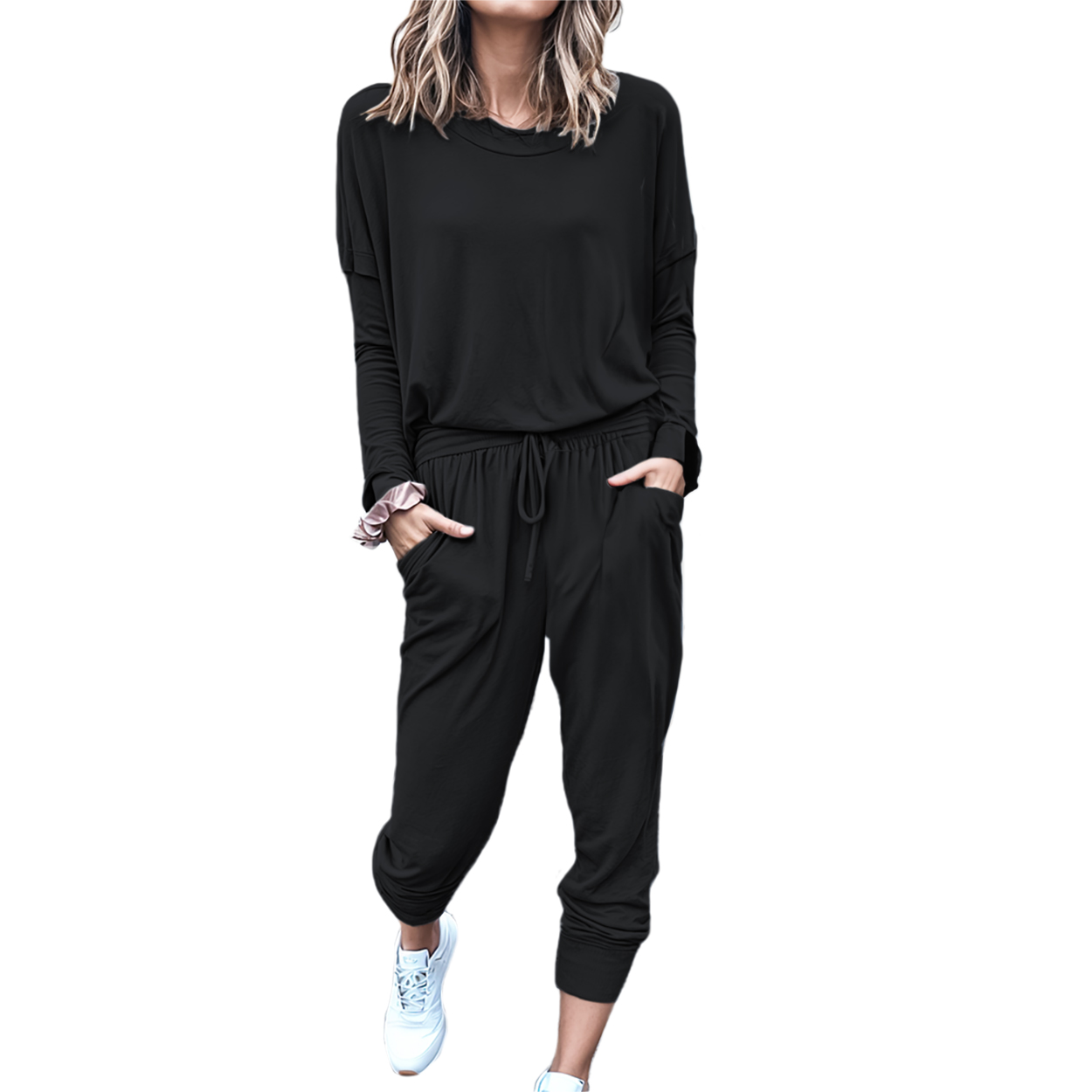 Conjunto de moda casual juvenil dama mujer xally 88 pants bolsas blusa amplia manga larga cuello redondo.