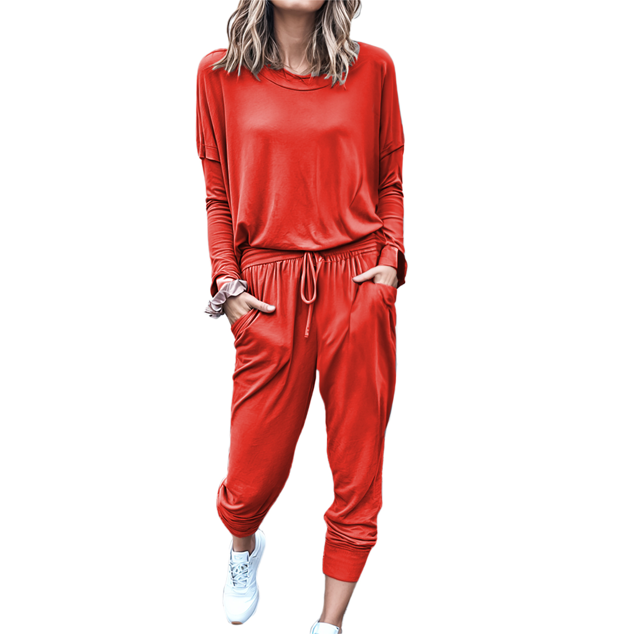 Conjunto de moda casual juvenil dama mujer xally 88 pants bolsas blusa amplia manga larga cuello redondo.