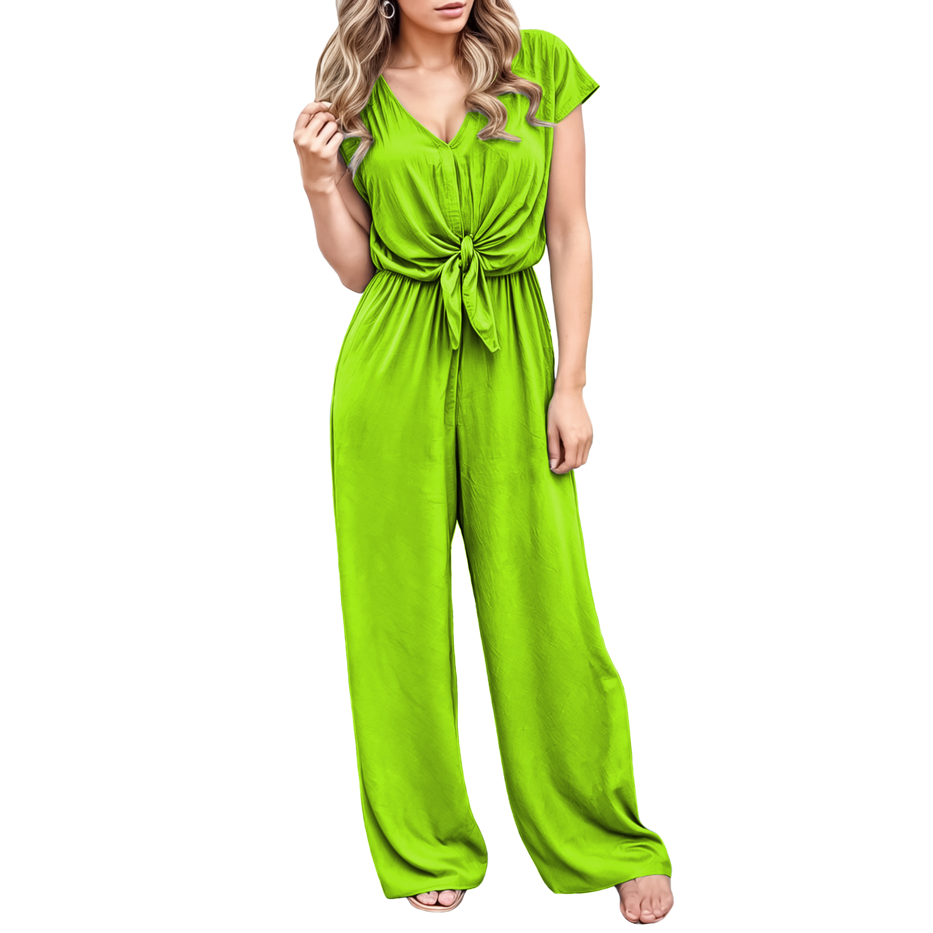 Jumper palazzo enterizo mono jumpsuit casual elegante largo dama mujer xally 6D cruce cuello V moño manga corta