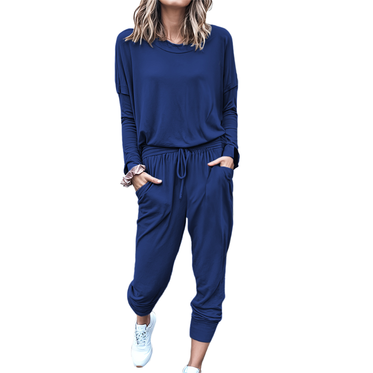 Conjunto de moda casual juvenil dama mujer xally 88 pants bolsas blusa amplia manga larga cuello redondo.