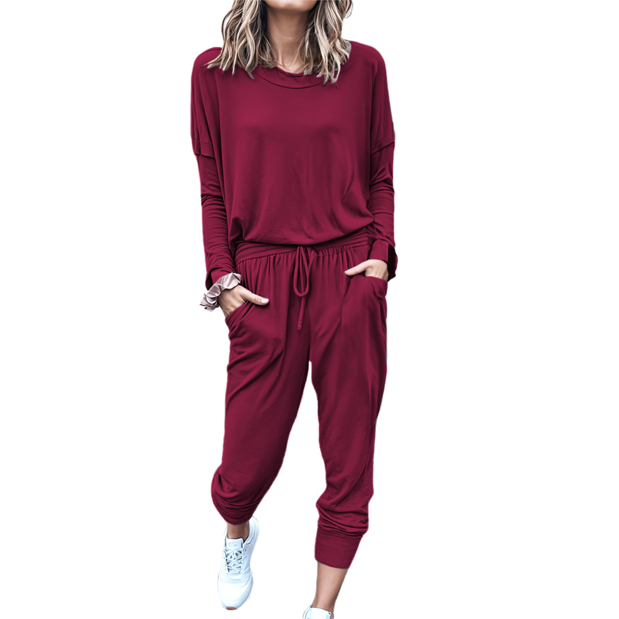 Conjunto de moda casual juvenil dama mujer xally 88 pants bolsas blusa amplia manga larga cuello redondo.