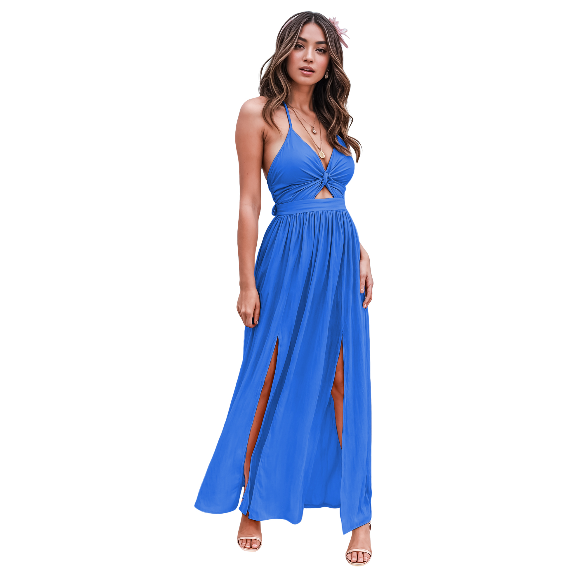 Maxi vestido slip casual elegante fresco ligero largo playa dama mujer Xally 10D tirante frente moño falda corta de fondo aberturas