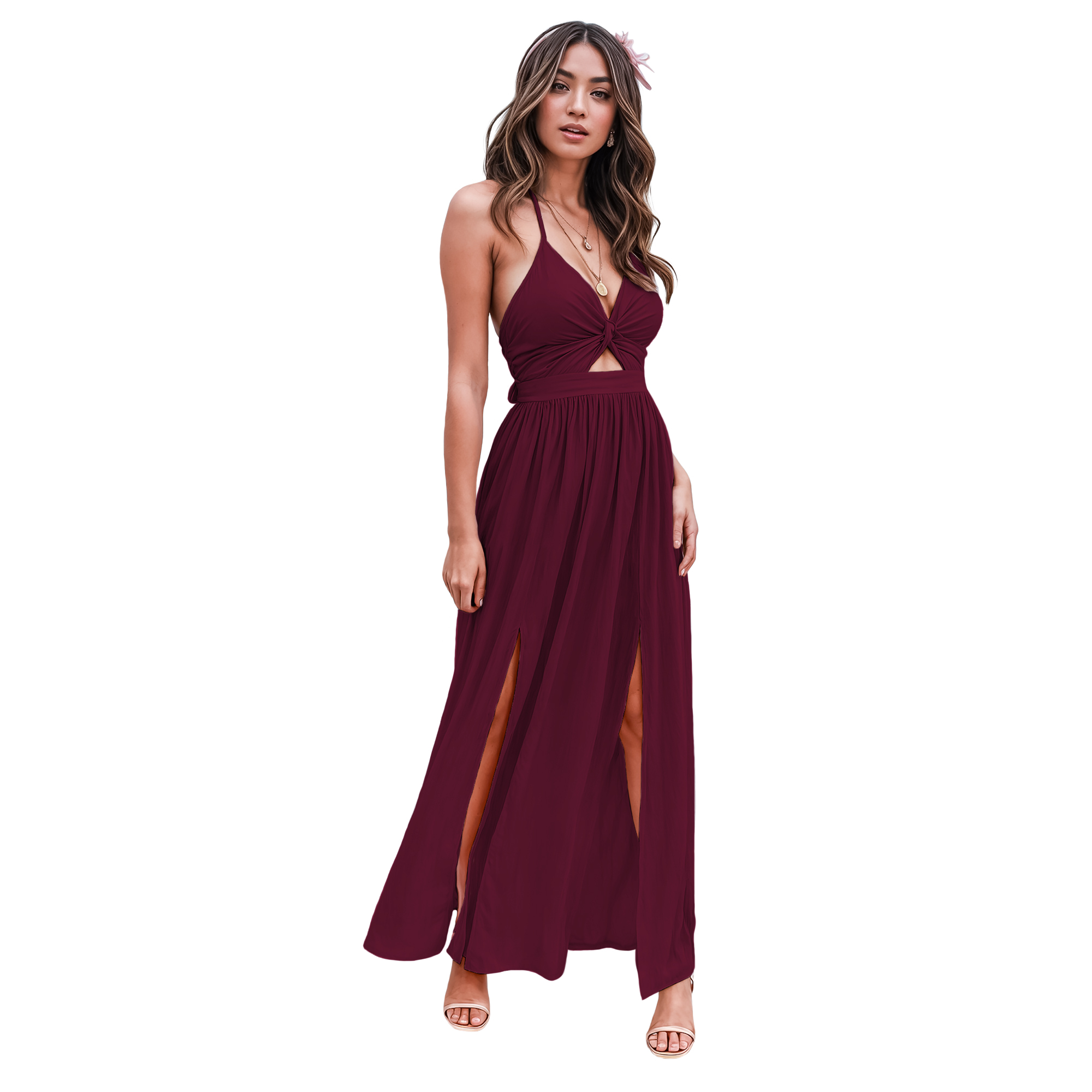 Maxi vestido slip casual elegante fresco ligero largo playa dama mujer Xally 10D tirante frente moño falda corta de fondo aberturas